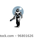 Barbarian. Muscular Warrior with long hair with a sword in his hand. 96801626