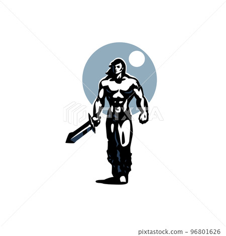 Barbarian. Muscular Warrior with long hair with a sword in his hand. Barbarian. Muscular Warrior with long hair with a sword in his hand. 96801626