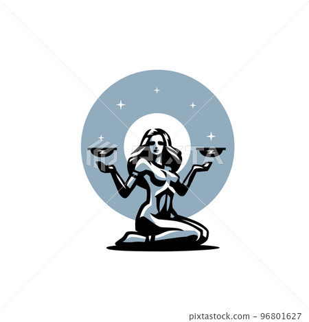 Libra The woman sits on her knees and holds two bowls magically in the air. 96801627