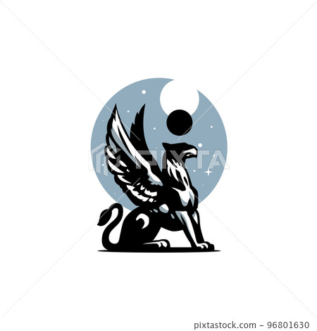 Griffin And Eclipse The griffin sits on its hind legs with its wings spread. In the background, the moon blocks the sun, creating a solar eclipse. 96801630