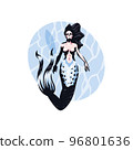 A beautiful mermaid woman with a skull instead of a head looks up and swims underwater. A ship on the surface of the water 96801636