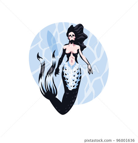 A beautiful mermaid woman with a skull instead of a head looks up and swims underwater. A ship on the surface of the water A beautiful mermaid woman with a skull instead of a head looks up and swims underwater. A ship on the surface of the water 96801636