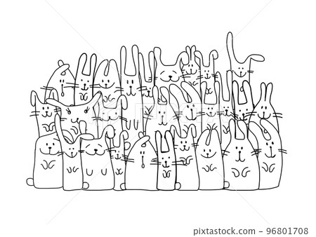 Funny Bunnies family. Rabbit - symbol of 2023 chineese new year. Chreeting card design idea. Cute characters. Colouring page design, outline style. Vector illustration 96801708