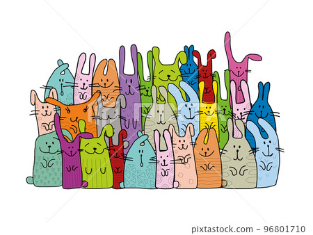 Funny Bunnies family. Rabbit - symbol of 2023 chineese new year. Chreeting card design idea. Cute characters. Colorful art. Vector illustration 96801710