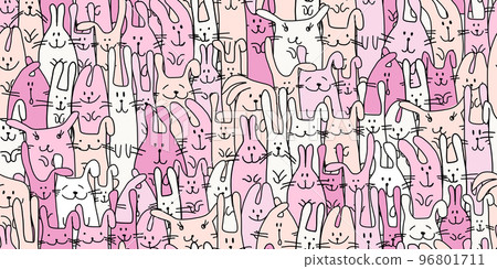 Funny Bunnies family. Seamless pattern background with Rabbits. Symbol of 2023 chineese new year. Cute characters, childish style. Vector illustration 96801711