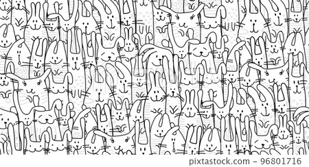 Funny Bunnies family. Seamless pattern background with Rabbits. Symbol of 2023 chineese new year. Cute characters, childish style. Colouring art. Vector illustration 96801716
