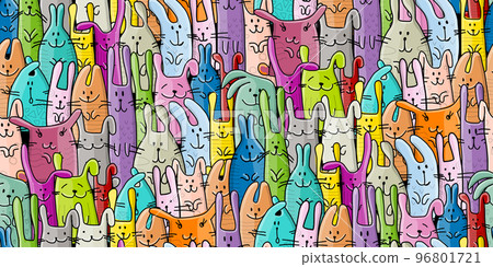 Funny Bunnies family. Seamless pattern background with Rabbits. Symbol of 2023 chineese new year. Cute characters, childish style. Vector illustration Funny Bunnies family. Seamless pattern background with Rabbits. Symbol of 2023 chineese new year. Cute characters, childish style. Vector illustration 96801721