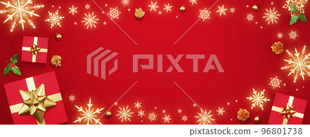 Christmas gifts and snowflake decorations placed on a red background / Christmas background with copy space Christmas gifts and snowflake decorations placed on a red background / Christmas background with copy space 96801738