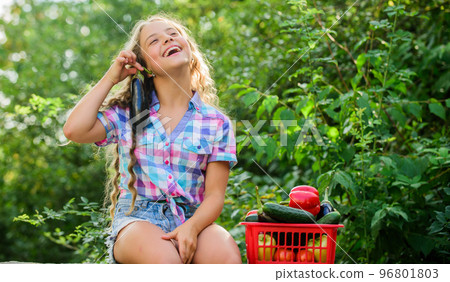 Buy organic food. Kid work at farm. Child carry harvest. Sunny day at farm. Vegetables in basket. Little helper concept. Ripe veggies. Family farm. Harvest season. Girl adorable child farming Buy organic food. Kid work at farm. Child carry harvest. Sunny day at farm. Vegetables in basket. Little helper concept. Ripe veggies. Family farm. Harvest season. Girl adorable child farming 96801803