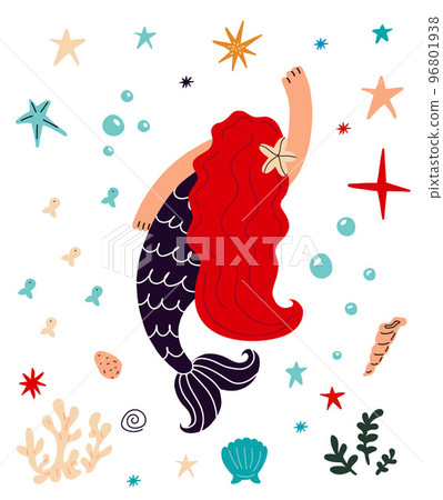 Cute Mermaid with redhair and marine life.Vector cartoon illustration 96801938