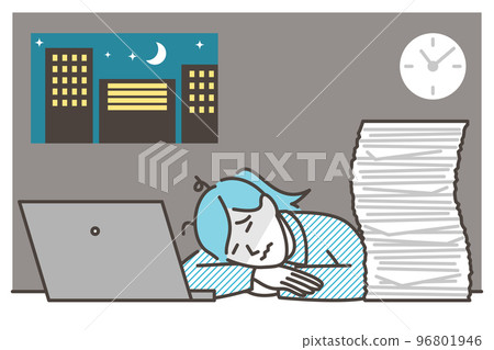 一位年輕的女上班族在深夜加班時躺在她的辦公桌上【人物矢量圖素材】 96801946