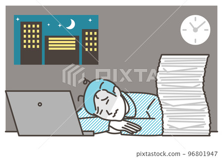 深夜加班躺在辦公桌上的年輕男上班族【人物矢量圖素材】 96801947