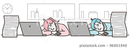 Male and female business people who are tired of work surrounded by mountains of laptops and documents [vector illustration material] 96801948