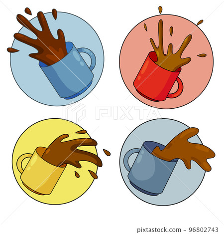 Spilled Cup of coffee. Spray and drop. Sloppy handling in kitchen. Drink with caffeine. Cartoon illustration. Spilled Cup of coffee. Spray and drop. Sloppy handling in kitchen. Drink with caffeine. Cartoon illustration. 96802743