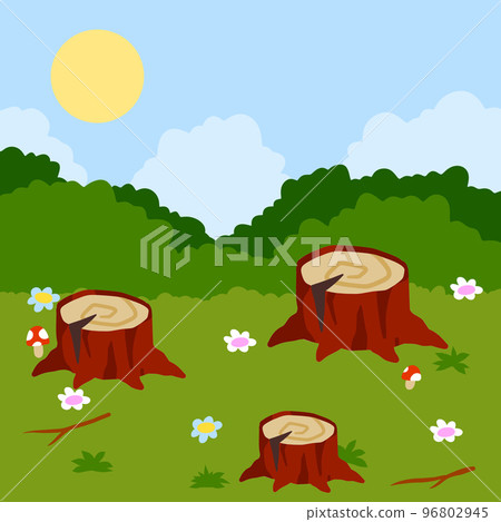 Stump in forest meadow. Green field with grass. Background for child drawing. 96802945