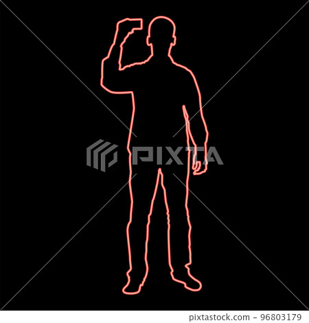 Neon man shows card in his hand business card in hand businessman silhouette icon red color vector illustration image flat style 96803179