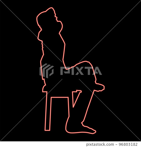 Neon man sitting pose with hands behinds head young man sits on a chair with his leg thrown silhouette icon red color vector illustration image flat style Neon man sitting pose with hands behinds head young man sits on a chair with his leg thrown silhouette icon red color vector illustration image flat style 96803182
