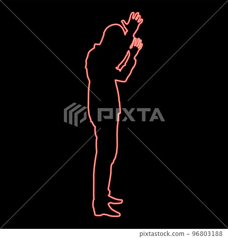 Neon concept of failure what is it for me problem man raised hands silhouette icon red color vector illustration image flat style Neon concept of failure what is it for me problem man raised hands silhouette icon red color vector illustration image flat style 96803188