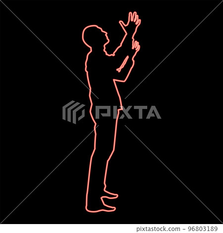 Neon man is turning to heaven man up arm appeal to god pray concept silhouette icon red color vector illustration image flat style 96803189