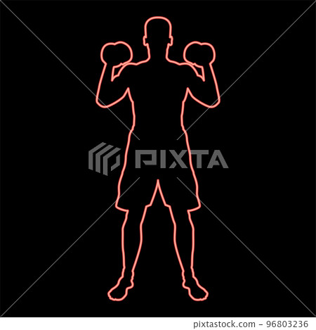 Neon man doing exercises with dumbbells sport action male workout silhouette front view icon red color vector illustration image flat style 96803236