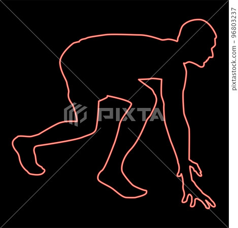 Neon runner preparing to start running start running runner in ready posture to sprint silhouette ready to start icon black in circle round red color vector illustration image flat style Neon runner preparing to start running start running runner in ready posture to sprint silhouette ready to start icon black in circle round red color vector illustration image flat style 96803237