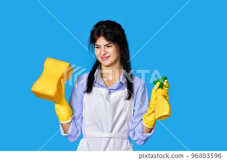 woman gloves and cleaner apron with sponge and detergent sprayer woman gloves and cleaner apron with sponge and detergent sprayer 96803596