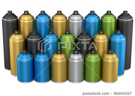 Set of spray paint cans in row on white background. Spray bottle and dispenser Set of spray paint cans in row on white background. Spray bottle and dispenser 96804267