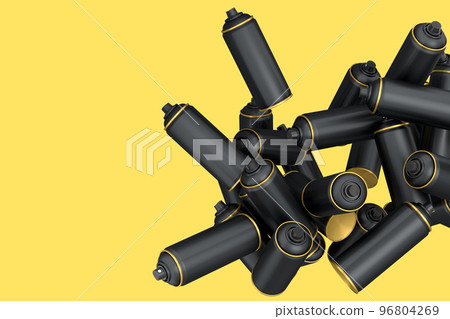 Lots of flying spray paint cans on yellow background. Spray bottle and dispenser Lots of flying spray paint cans on yellow background. Spray bottle and dispenser 96804269