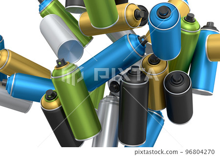 Lots of flying spray paint cans on white background. Spray bottle and dispenser Lots of flying spray paint cans on white background. Spray bottle and dispenser 96804270