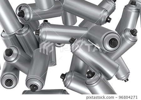 Lots of flying spray paint cans on white background. Spray bottle and dispenser Lots of flying spray paint cans on white background. Spray bottle and dispenser 96804271