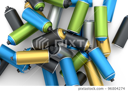 Lots of flying spray paint cans on white background. Spray bottle and dispenser Lots of flying spray paint cans on white background. Spray bottle and dispenser 96804274