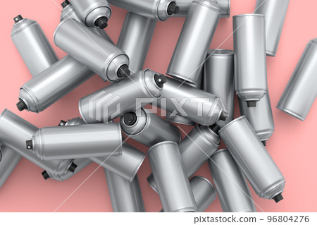 Lots of flying spray paint cans on pink background. Spray bottle and dispenser Lots of flying spray paint cans on pink background. Spray bottle and dispenser 96804276