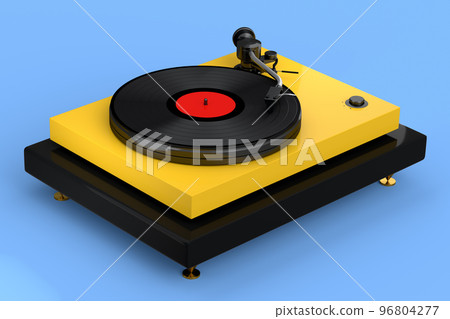 Vinyl record player or DJ turntable with retro vinyl disk on blue background. Vinyl record player or DJ turntable with retro vinyl disk on blue background. 96804277