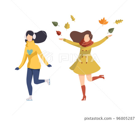 Young Woman Enjoying Winter and Autumn Ice Skating and Throwing Foliage Vector Set 96805287