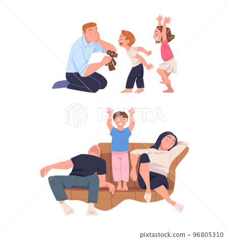 Tired Mom and Dad Exhausted with Noisy and Energetic Kids Playing Around Vector Set 96805310