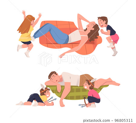 Tired Mom and Dad Exhausted with Noisy and Energetic Kids Playing Around Vector Set 96805311