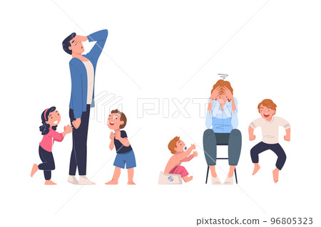 Tired Mom and Dad Exhausted with Noisy and Energetic Kids Playing Around Vector Set 96805323