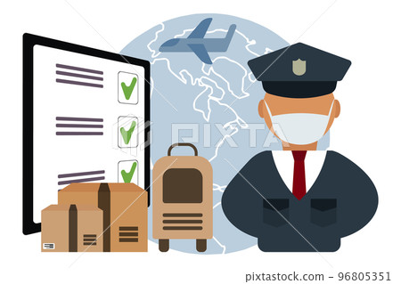 Illustration Customs control, customs officer at the counter, boxes, document on the abstract background of the planet and the plane. Vector Illustration Customs control, customs officer at the counter, boxes, document on the abstract background of the planet and the plane. Vector 96805351