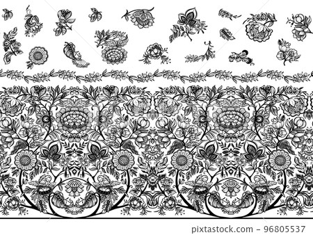 Fantasy flowers in retro, vintage, jacobean embroidery style. Fantasy flowers in retro, vintage, jacobean embroidery style. 96805537