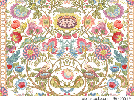 Fantasy flowers in retro, vintage, jacobean embroidery style. Fantasy flowers in retro, vintage, jacobean embroidery style. 96805539