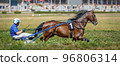 Jockey and horse. Trotting horse race. Race in harness with a sulky or racing bike. Harness racing. Trotting horse race. Sport banner 96806314