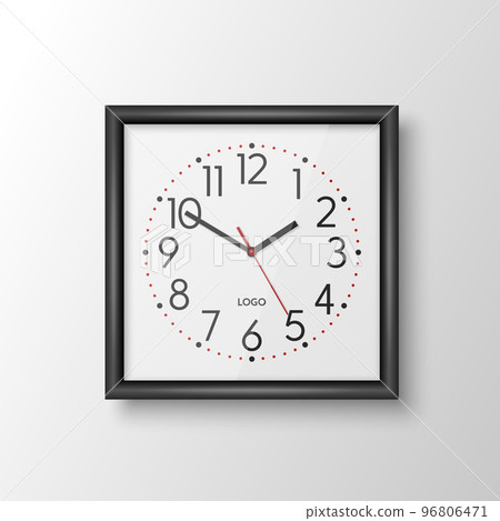 Vector 3d Realistic Black Square Wall Office Clock, Design Template Isolated. White Frame, White Dial, Mock-up of Wall Clock for Branding and Advertise Isolated. Clock Face Design Vector 3d Realistic Black Square Wall Office Clock, Design Template Isolated. White Frame, White Dial, Mock-up of Wall Clock for Branding and Advertise Isolated. Clock Face Design 96806471