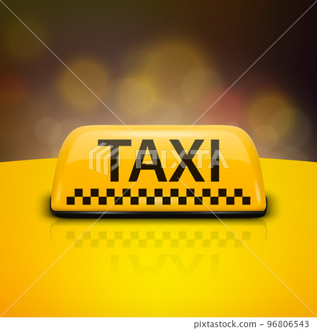 Vector 3d Realistic Taxi Car Roof Sign Icon Set Closeup on the Roof of a Car on a Blurred Background. Yellow French Taxi Sign, Design Template for Taxi Service, Mockup. Front View 96806543