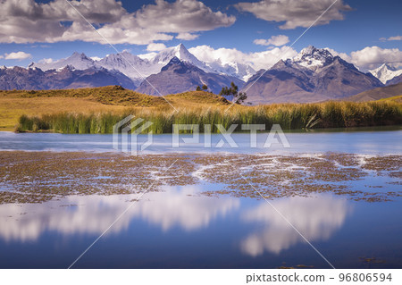 Wilcacocha lake reflection in Cordillera Blanca, snowcapped Andes, Ancash, Peru Wilcacocha lake reflection in Cordillera Blanca, snowcapped Andes, Ancash, Peru 96806594