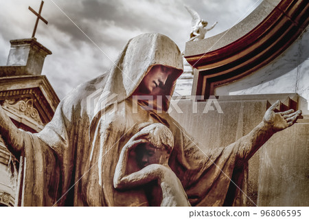 Young sad angel and beautiful Virgin Mary, Recoleta cemetery, Buenos Aires 96806595