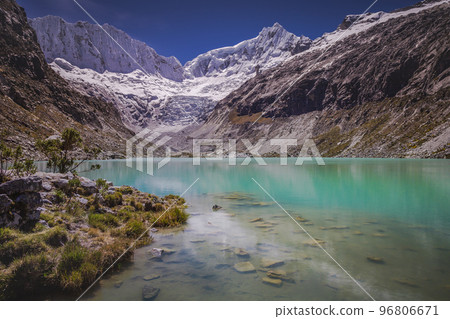 Llaca lake in Cordillera Blanca with snowcapped Andes, Ancash, Peru Llaca lake in Cordillera Blanca with snowcapped Andes, Ancash, Peru 96806671