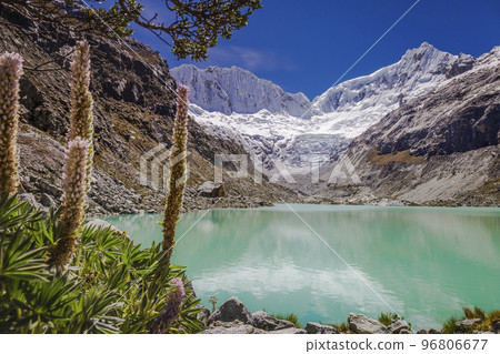 Llaca lake in Cordillera Blanca with snowcapped Andes, Ancash, Peru 96806677