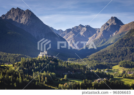 Above idyllic Scuol Tarasp village, Engadine, Swiss Alps, Switzerland 96806683