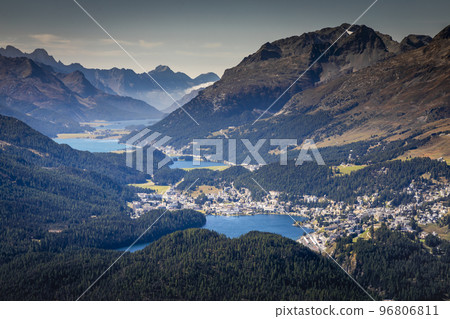 View Above St Moritz from Muottas Muragl of Upper Engadine, Graubunden, Switzerland View Above St Moritz from Muottas Muragl of Upper Engadine, Graubunden, Switzerland 96806811