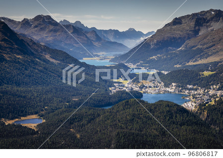 View Above St Moritz from Muottas Muragl of Upper Engadine, Graubunden, Switzerland View Above St Moritz from Muottas Muragl of Upper Engadine, Graubunden, Switzerland 96806817